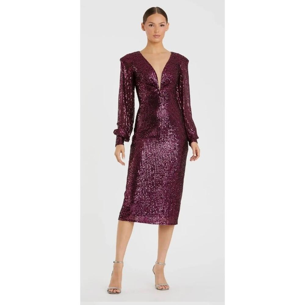 Mac Duggal Wm's Deep Purple Structured Bishop Sleeve Midi Dress Sz 6 NWT